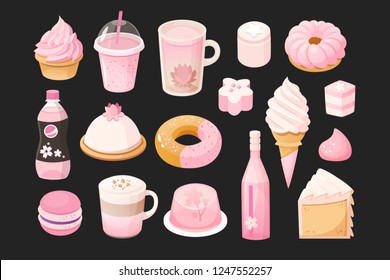 Foods from traveling to Japan during sakura blossom season. Desserts for Valentina day  in pink color. Vector illustrations of classic desserts.