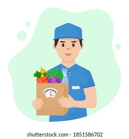 Entrega vectorial de alimentos. Nutridor con caja nutricional sana completa en las manos. Bolsa de papel para la compra y venta a escala. Una dieta equilibrada. Verduras frescas, frutas y agua embotellada. Ilustración de compras