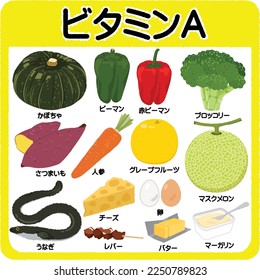 foods with vitamin A. The Japanese text means: vitamin A, pumpkin, green pepper, red pepper, broccoli, sweet potato, carrot, grapefruit, melon, eel, cheese, egg, liver, butter, margarine