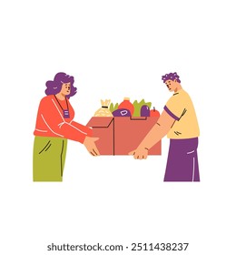 Partilha de alimentos. Ilustração vetorial de uma voluntária entregando uma caixa de comida a uma adolescente. Partilha de alimentos para reduzir o desperdício. Plano de fundo isolado. Estilo plano. De perto.