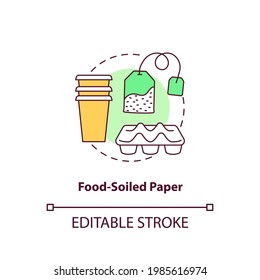 Food-soiled paper concept icon. Organic waste type idea thin line illustration. Paper products. Contact with organic materials. Vector isolated outline RGB color drawing. Editable stroke