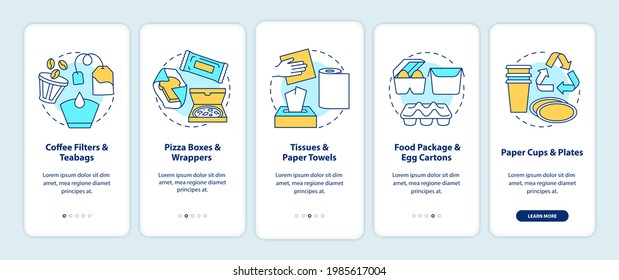 Food-spoiled paper waste onboarding mobile app page screen with concepts. Coffee filters, tissues, pizza boxes walkthrough 5 steps graphic instructions. UI vector template with RGB color illustrations