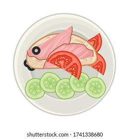 Foodstuff Arranged in the Shape of Fish on Plate Above View Vector Illustration