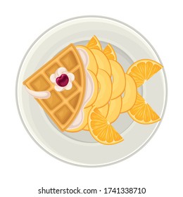Foodstuff Arranged in the Shape of Fish on Plate Above View Vector Illustration