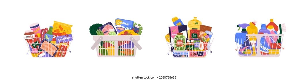 Foodstuff from different supermarket sections like cleaning products, fruits and vegetables, canned goods, snacks and beverages. Shopping basket full of groceries vector illustration. 