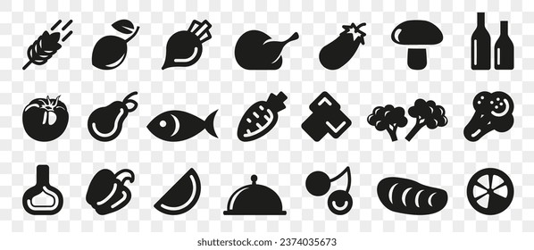 Foodstuff icon collection in black. Food icon set. Chicken, meat, fruits, vegetables icons set