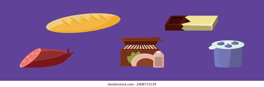 Foodstuff Icon and Different Product on Purple Background Vector Set