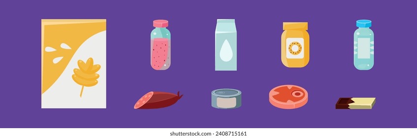 Foodstuff Icon and Different Product on Purple Background Vector Set