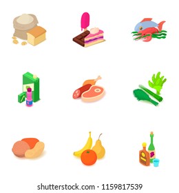 Foodstuff icons set. Isometric set of 9 foodstuff vector icons for web isolated on white background