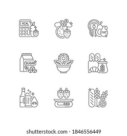 Foodstuff for nourishment linear icons set. Alcohol drink. Good fats. Vitamin and mineral supplement. Customizable thin line contour symbols. Isolated vector outline illustrations. Editable stroke