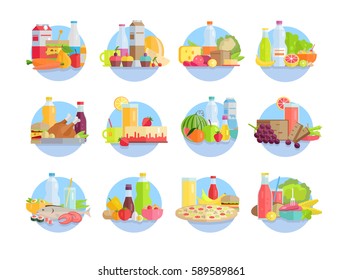 Foodstuff and products collections in circles on white. Vector poster of dairy products, drinks in bottles and glasses, baked goods, seafood, fast food, fruit and vegetables sorted in flat style