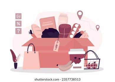 Foodstuffs in cardboard box. Delivery from grocery store, online shopping. Popular food - milk, cheese, fruits and vegetables in basket. Healthy nutrition. flat vector illustration