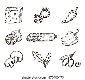 Foodstuffs. Ingredients for pizza. Set of vector sketches on white