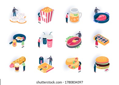 Foodstuffs isometric icons set. Restaurant fast food menu, takeaway delicious meal flat vector illustration. Hot dog, donuts, sushi, burger and steak 3d isometry pictograms with people characters.