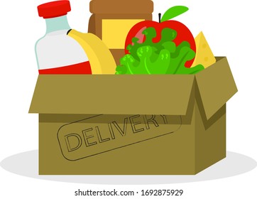 foodstuffs in open cardboard box. Delivery from grocery store. Illustration in flat style. Popular food - milk, cheese, fruits and vegetables in basket.