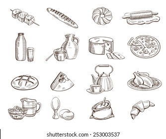 foodstuffs set of hand drawn vector sketches on a white background