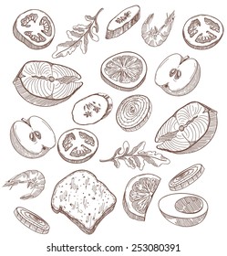 foodstuffs set of hand drawn vector sketches on a white background