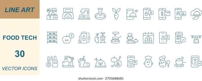 FoodTech vector icon set with minimal line art designs of smart kitchen, recipe, nutrition, robotics, farming, and sustainability. Perfect for apps, web, food innovation, and UI projects.