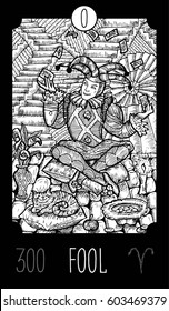 Fool. 0 Major Arcana Tarot Card. Fantasy engraved line art illustration. Engraved vector drawing. See all collection in my portfolio set. 