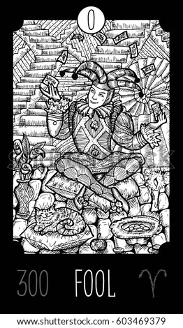 Fool. 0 Major Arcana Tarot Card. Fantasy engraved line art illustration. Engraved vector drawing. See all collection in my portfolio set. 