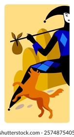 The Fool character with a red dog of Tarot playing card in modern cartoon minimalism flat style. Vector illustration in flat style