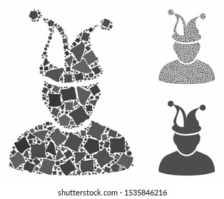 Fool composition of tremulant pieces in different sizes and color tinges, based on fool icon. Vector joggly items are organized into collage. Fool icons collage with dotted pattern.