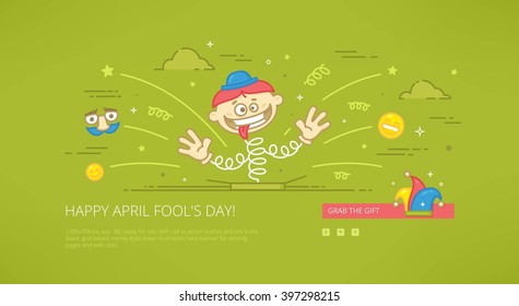 Fool day april holiday modern line vector illustration for web banners, hero images, web sites and landing pages with call to action button. Ready for use