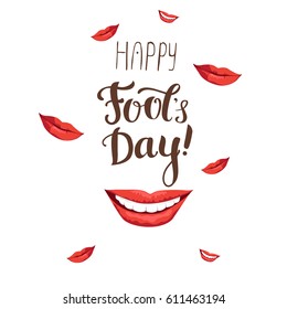 Fool day background with modern lettering and smiling lips