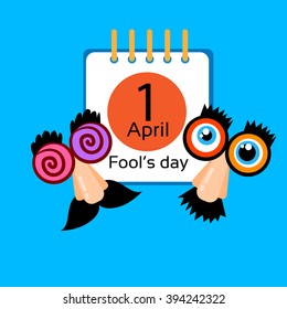 Fool Day Calendar Page 1 April Holiday Greeting Card Banner Comic Crazy Fake Nose, Mustache, Glasses Flat Vector Illustration