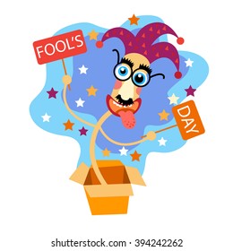 Fool Day Comic Crazy Clown Head In Surprise Box April Holiday Greeting Card Banner Flat Vector Illustration