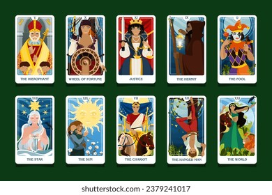 Narr, die Hierophant, der Hermit, der Kaiser, der Hanged-Mann, das Glück und andere. Eine Reihe von Tarot-Karten des Senior Arcana. Okkulter esoterischer spiritueller Tarot