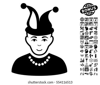 Fool icon with bonus business, time management and calendar pictograph collection. Vector illustration style is flat iconic symbols, black color, white background.