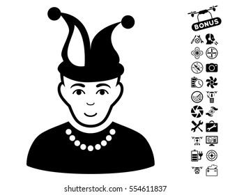 Fool icon with bonus flying drone service pictures. Vector illustration style is flat iconic black symbols on white background.