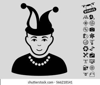 Fool icon with bonus quad copter service design elements. Vector illustration style is flat iconic black symbols on light gray background.