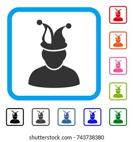 Fool icon. Flat gray pictogram symbol in a blue rounded rectangle. Black, gray, green, blue, red, orange color versions of Fool vector. Designed for web and app user interface.