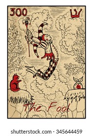 The fool.  The major arcana tarot card in color, vintage hand drawn engraved illustration with mystic symbols. Man in costume of harlequin jumping through abyss. Joker and cat.