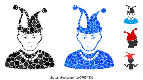 Fool mosaic of small circles in various sizes and color tints, based on fool icon. Vector small circles are united into blue collage. Dotted fool icon in usual and blue versions.