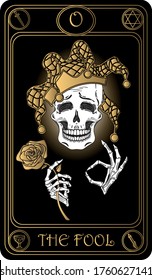 The Fool. Numbered zero card of Major arcana black and gold tarot cards. Tarot deck. Vector hand drawn illustration with skulls, occult, mystical and esoteric symbols. 