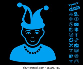 Fool pictograph with bonus quadrocopter tools pictures. Vector illustration style is flat iconic blue symbols on black background.