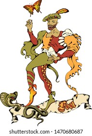 The fool. In the system, the tarot symbolizes an easy attitude to life. Cartoon characters. Design for t-shirt, poster. tattoo
