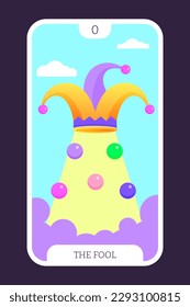 The Fool tarot cartoon flat card template major arcana. Taro vector illustration spiritual signs with esoteric magic and astrology symbols. Isolated colored graphic. Witchcraft concept EPS