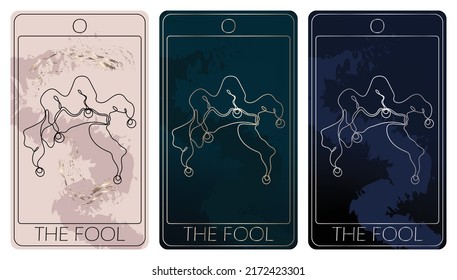 The Fool. Zero card of Major arcana one line drawing tarot cards. Tarot deck. Vector linear hand drawn illustration with occult, mystical and esoteric symbols. 3 colors. Proposional to 2,75x4,75 in.