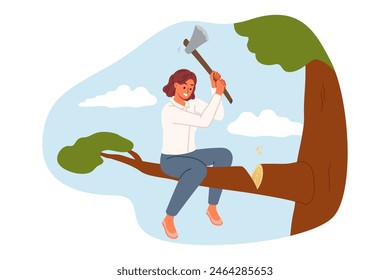 Foolish business woman cuts branch she is sitting, risks falling and failing due to mistake. Girl from proverbs makes mistake that has negative consequences in career or professional life