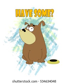 Foolish cartoon dog sits near bowl with food. Vector cartoon illustration.