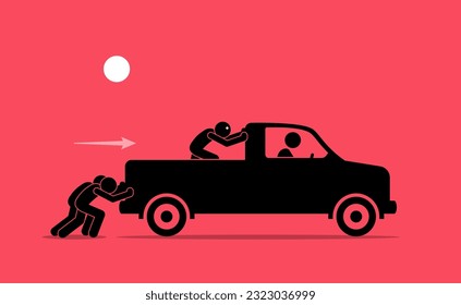 Foolish man helping people to push a broken pickup truck from the cargo bed. Vector illustration depicts concept of stupid, idiotic, fool, pointless, mistake, irrational, and not helping.