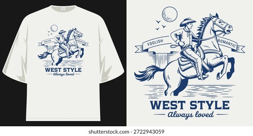 dumm romantisch west style immer geliebt retro vintage cowboy pferd reiter grafik design bekleidung druck art t shirt design vektor grafik kunst
