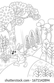 The foolish timid rabbit vector illustration cartoon. The foolish timid rabbit fairy tale and fable illustration colorless for coloring book. Aesop's fable cartoon. 