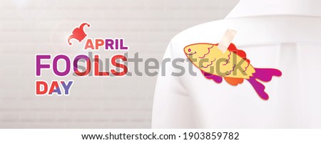 Fools day 1 april horizontal composition with realistic image of paper fish glued to strangers shirt vector illustration Photo stock © 