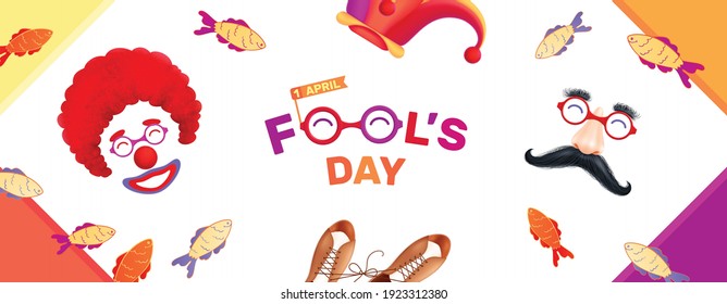 Fools day 1 april realistic composition with icons of festive masks joker hat fishes and text vector illustration