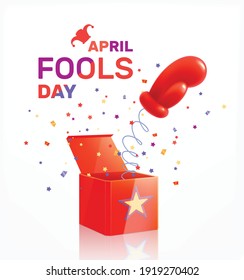 Fools day april realistic composition with boxing glove jumping out of box with confetti and text vector illustration